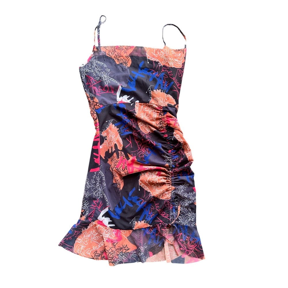 Glamaker Womens Graffiti‎ Print Mesh Ruched Mini Dress Multicolor Ruffle Hem M